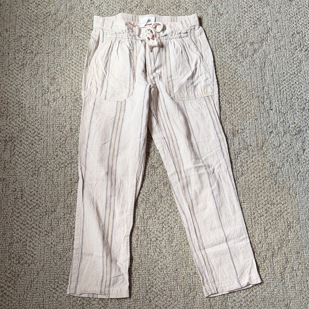 Anthropologie Light Cream/Tan Striped Drawstring Linen Pants